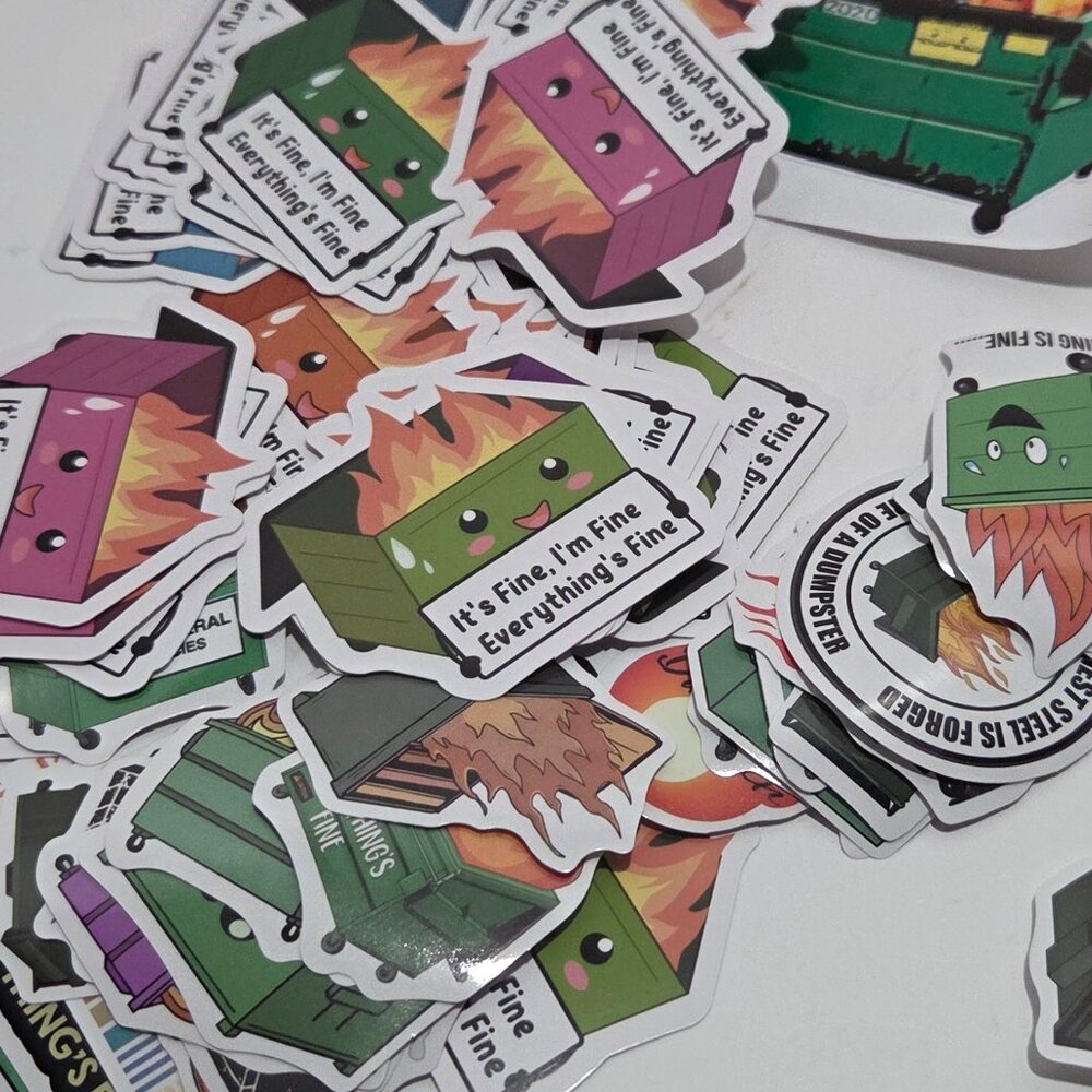 Dumpster fire cards and stickers